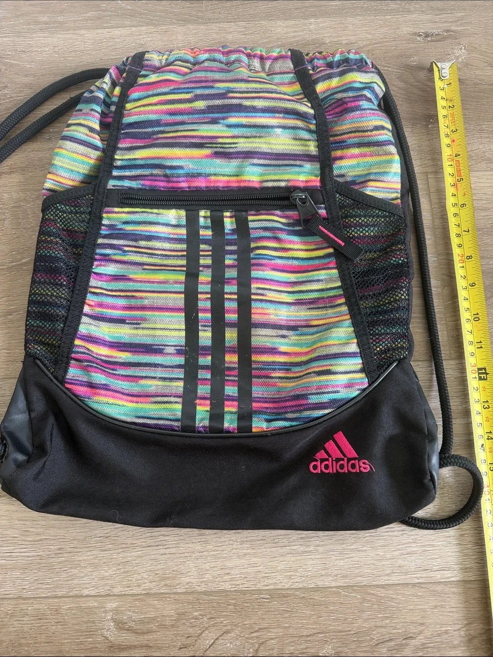 ADIDAS Black Drawstring Backpack with Multicolor Stripes and Pink Logo - Picture 2 of 3